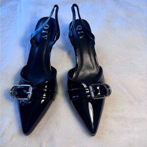 Women's Black Patent Leather Look Slingback Heels with Buckle Design Size 9